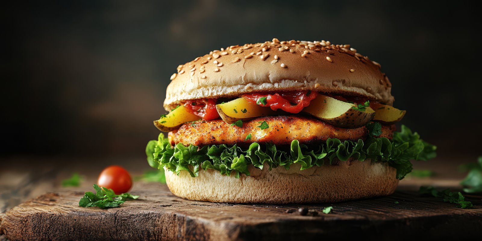 Delicious chicken burger on a wooden board topped with fresh vegetables and sauces in an inviting setting